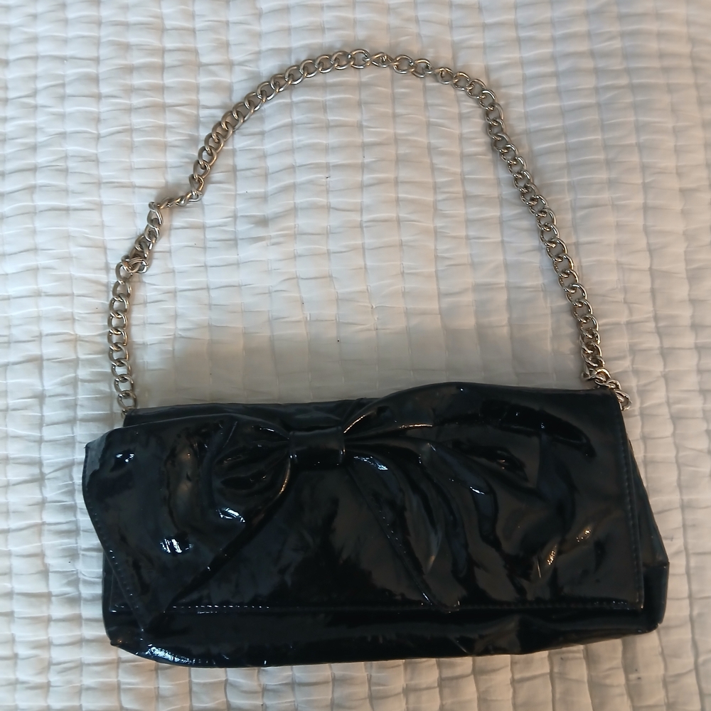 Jessica McClintock Black Patent Clutch with Gold Chain